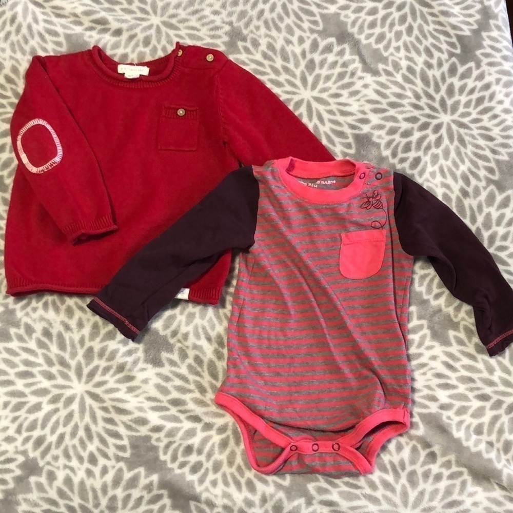 Burt’s Bees baby 6-9 months red sweater and long sleeve onesie